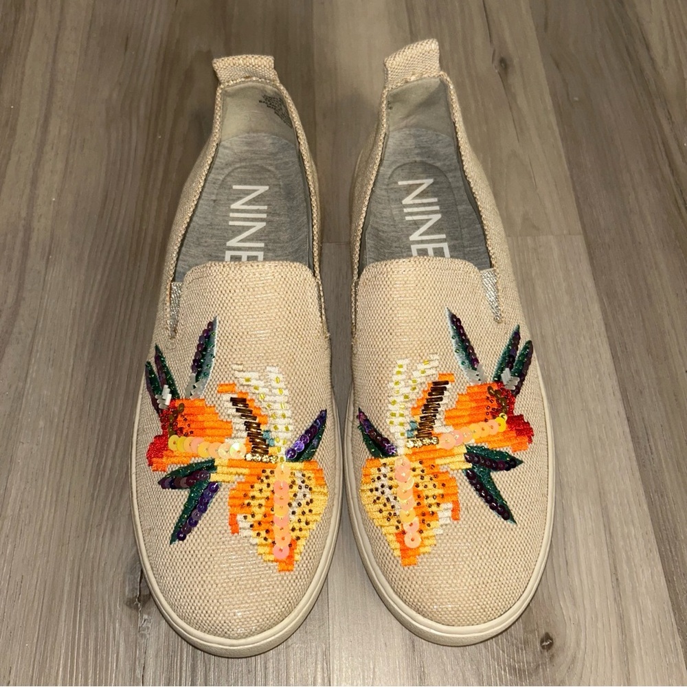 Nine West Beige Sequin embroidered colorful Floral Sneakers